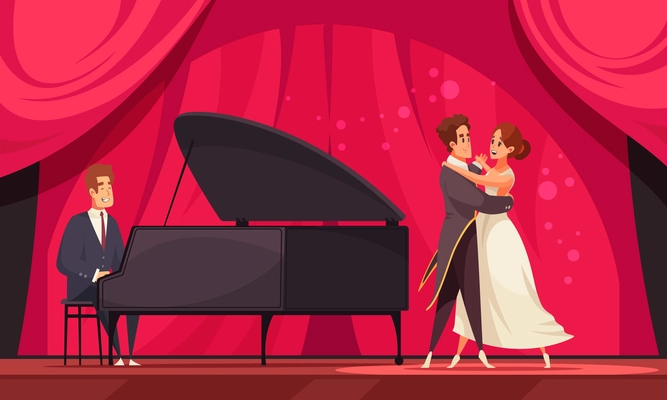 International dance day flat illustration with pair of dancers performing waltz to accompaniment of piano vector illustration