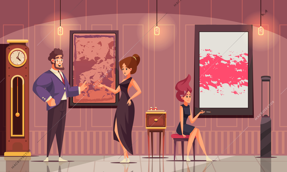 Higher society flat composition with rich man demonstrated his art collection to young women in evening dresses vector illustration