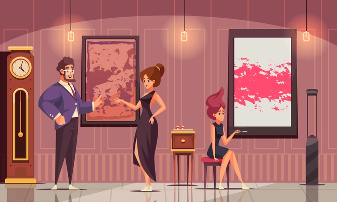 Higher society flat composition with rich man demonstrated his art collection to young women in evening dresses vector illustration