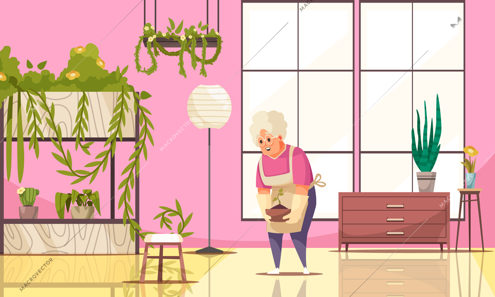 Home interior with houseplants and elderly woman cultivating potted plant flat vector illustration