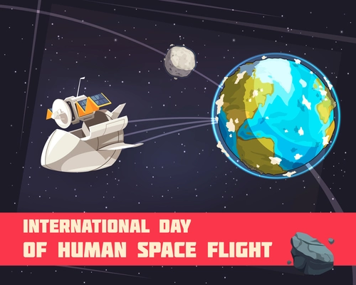 International day of human space flight colored poster with spaceship starting from earth vector illustration