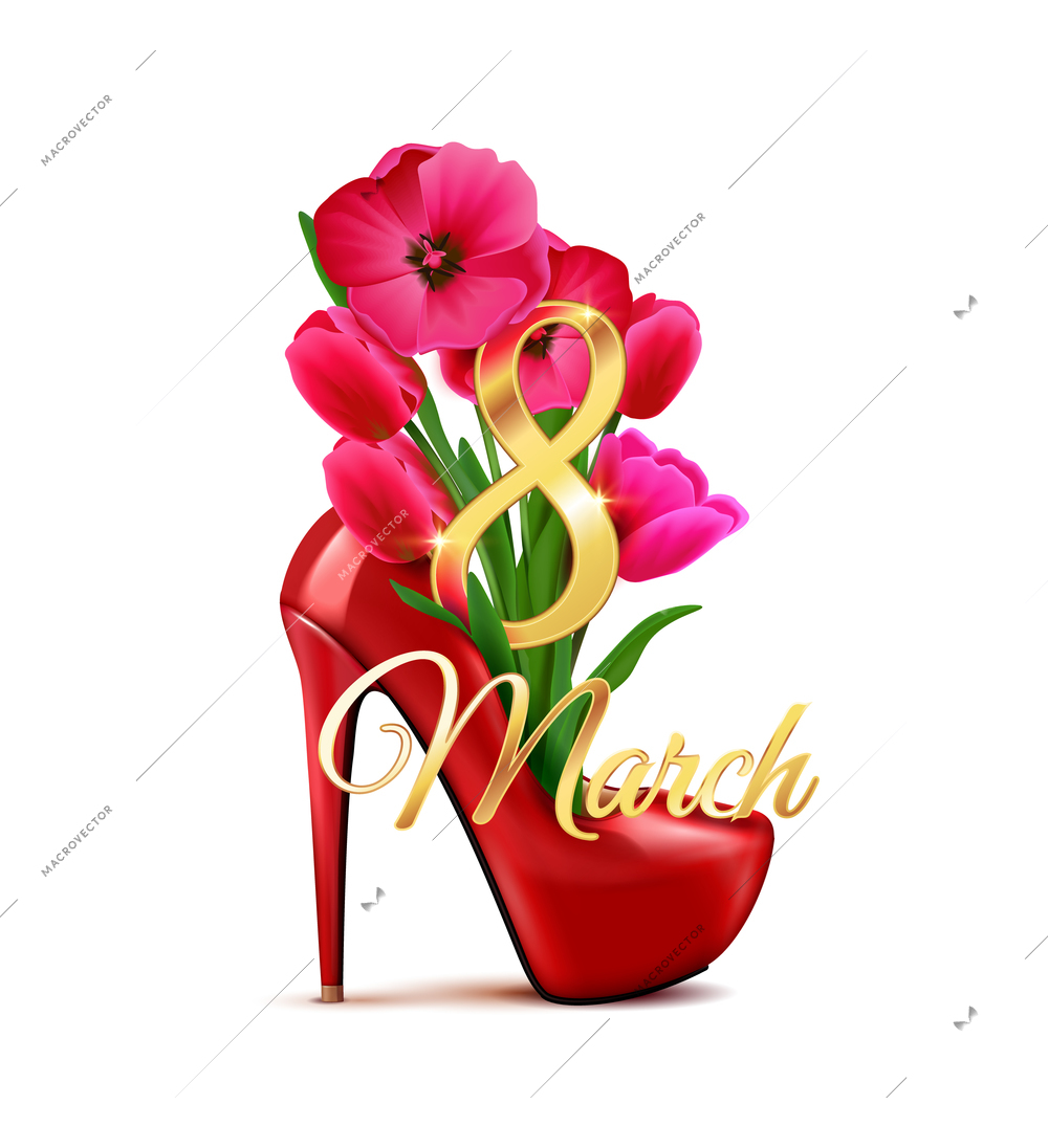 8 march womans day composition with isolated icon of high heel shoe with bunch of flowers vector illustration