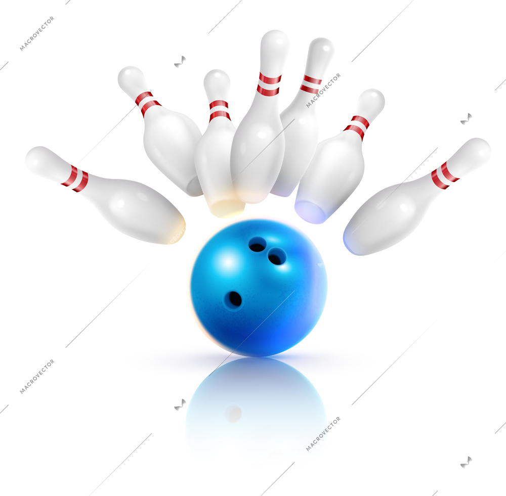 Bowling realistic composition with images of strike ball and flying pins with shadows on blank background vector illustration