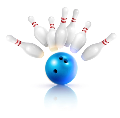 Bowling realistic composition with images of strike ball and flying pins with shadows on blank background vector illustration