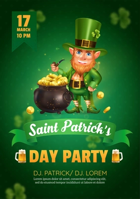 Realistic patrick day poster with ornate text on ribbon character of leprechaun and pot with coins vector illustration