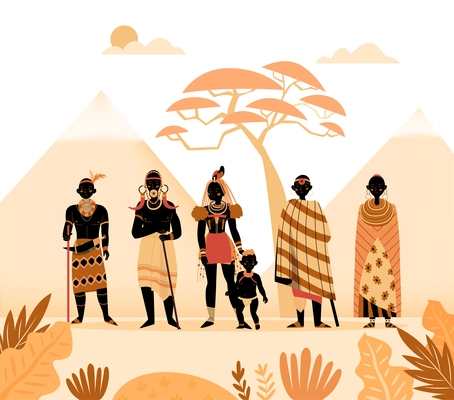 Africa composition with silhouette of landscape with mountains exotic plants and characters of ancient african people vector illustration