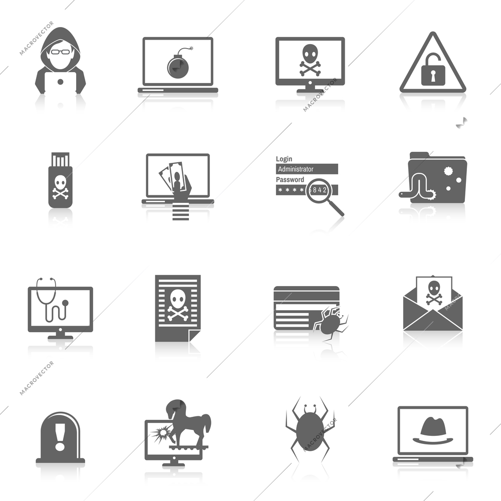 Hacker and computer security protection technology black icons set isolated vector illustration