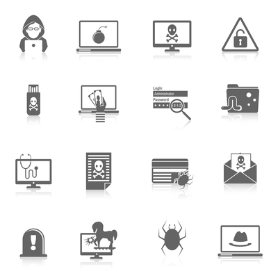 Hacker and computer security protection technology black icons set isolated vector illustration