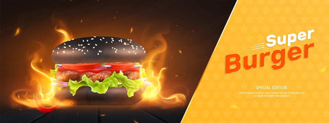 Burger advertising composition with realistic image of black bun burger in burning flame with editable text vector illustration