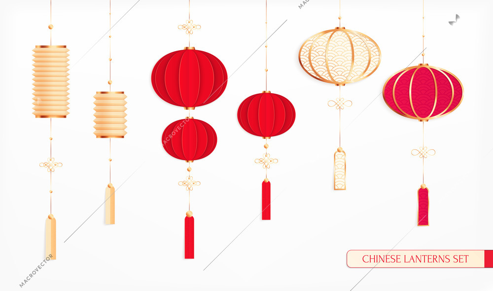 Chinese new year 2021 set of isolated lantern icons colored in red and gold with text vector illustration