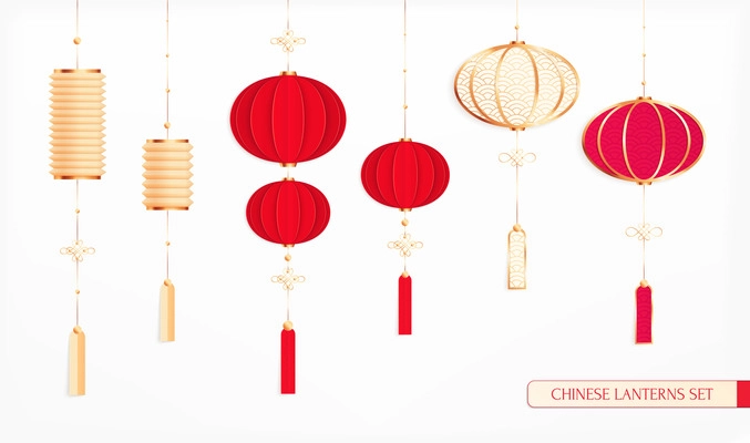 Chinese new year 2021 set of isolated lantern icons colored in red and gold with text vector illustration