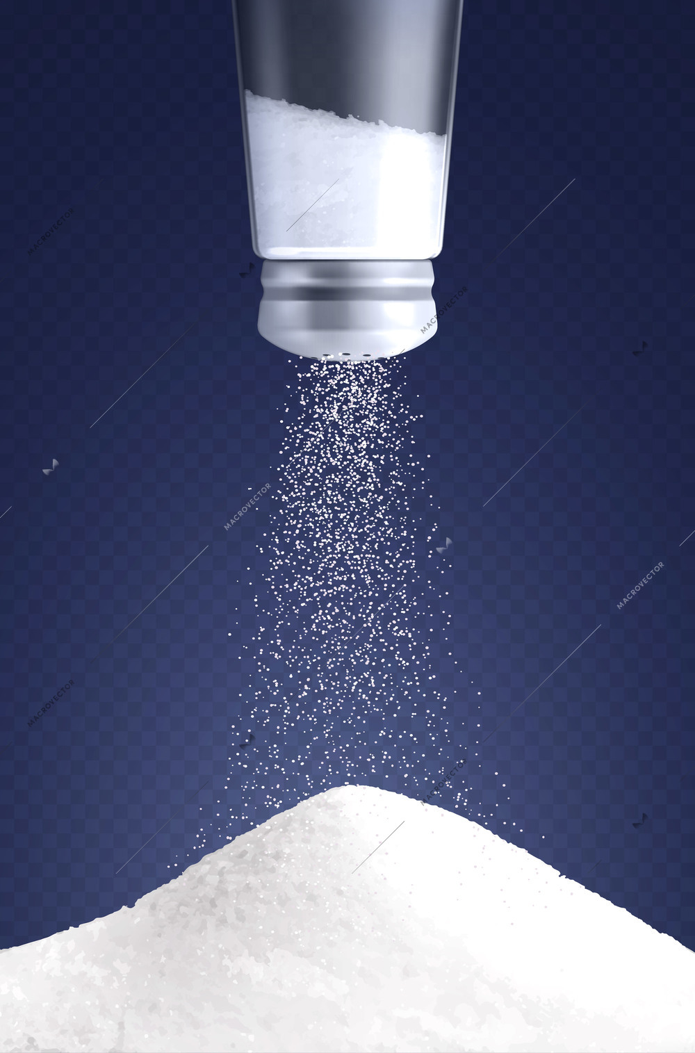 Salt vertical composition with realistic image of salt cellar turned upside down with pouring salt particles vector illustration