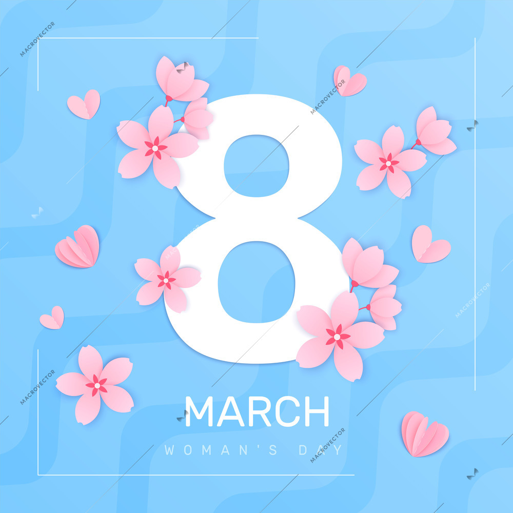 8 march womans day square composition with abstract background frame and big digit with flowers petals vector illustration