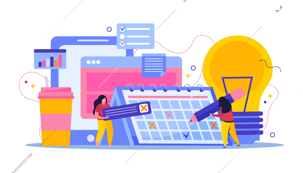 Planning and scheduling flat composition with people making cross marks in calendar computer windows and lamp vector illustration