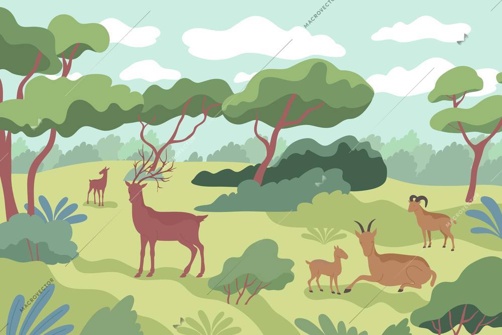 Wildlife forest flat composition with outdoor landscape with exotic plants and trees with horned cattle animals vector illustration