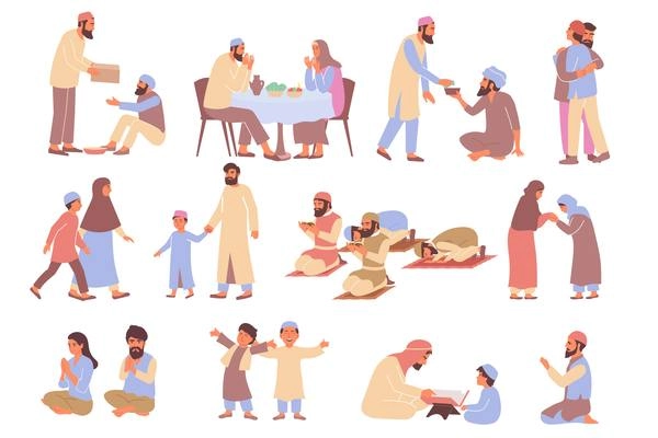 Ramadan set of flat icons and isolated images of praying muslim people with imam and kids vector illustration
