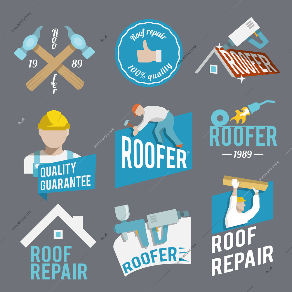 Roofer construction worker tradesman house builder icons set isolated vector illustration