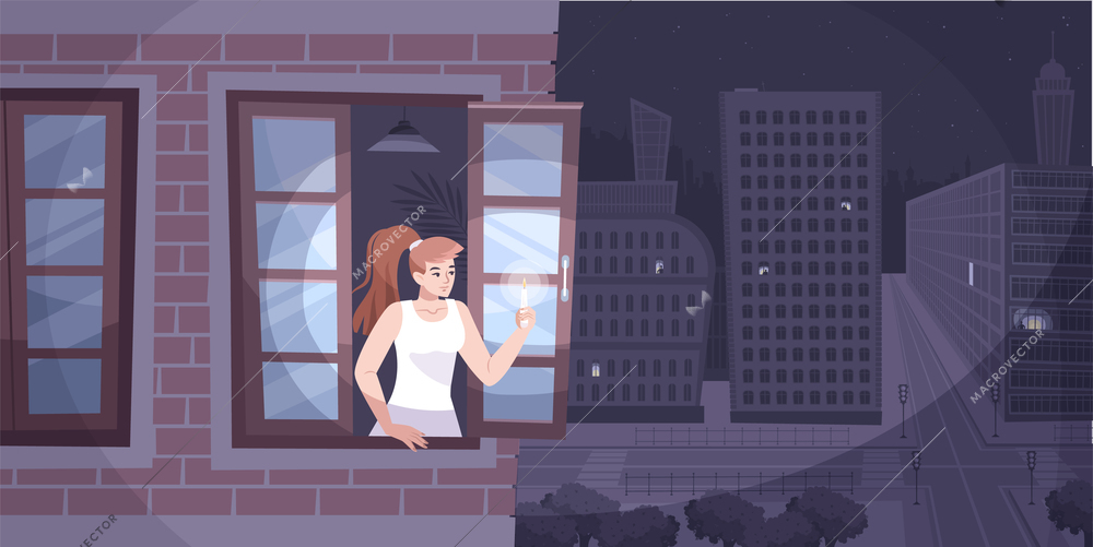 Power outage city composition girl looks out the window in the evening with a candle and the city has lost power vector illustration