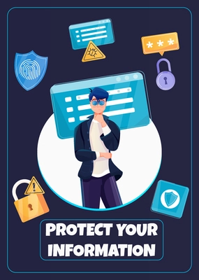 Protect your information card with flat character and locks on dark background vector illustration