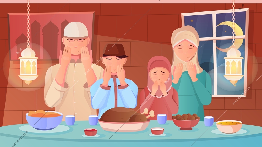 Family praying before iftar dinner during ramadan flat vector illustration