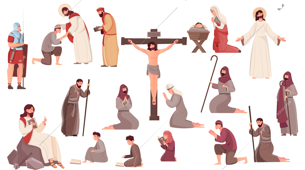 Easter flat icons set with crucifixion resurrection and birth of jesus christ and praying people isolated on white background vector illustration