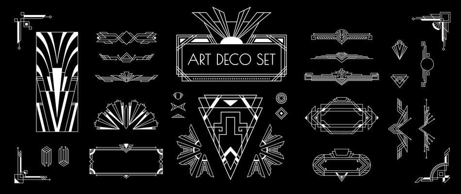 Art deco white silver vintage style decorative elements templates frames designs set black background isolated vector illustration