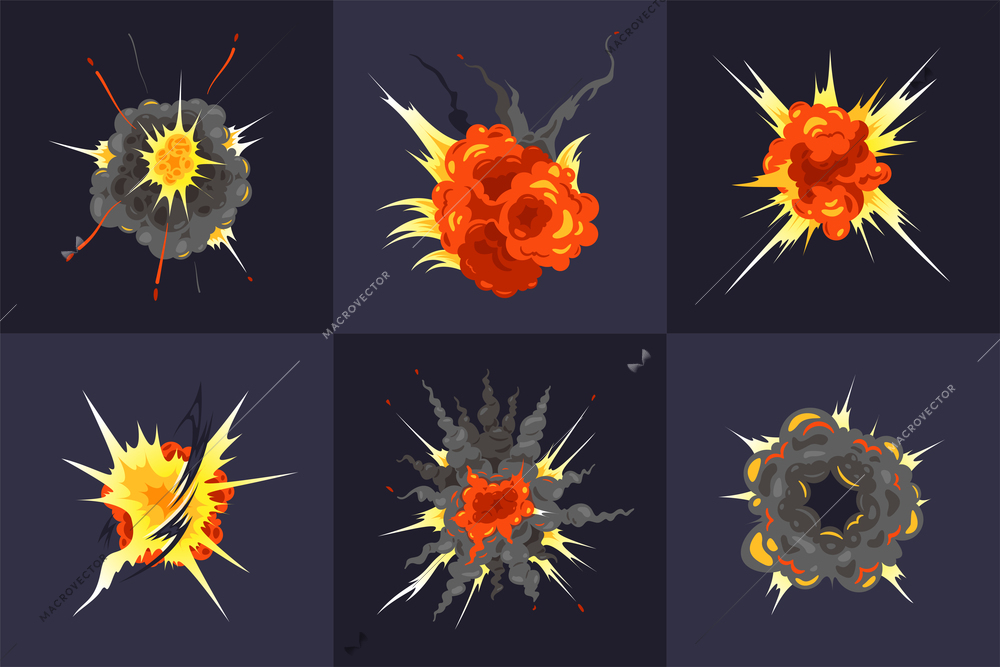 Bomb explosions concept design with 6 spectacular debris fire bang clouds images against dark background vector illustration