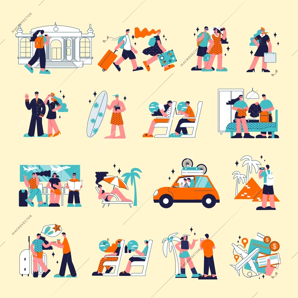 Set of isolated travel color icons with doodle style human characters of tourists in various situations vector illustration