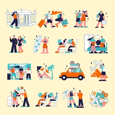 Set of isolated travel color icons with doodle style human characters of tourists in various situations vector illustration