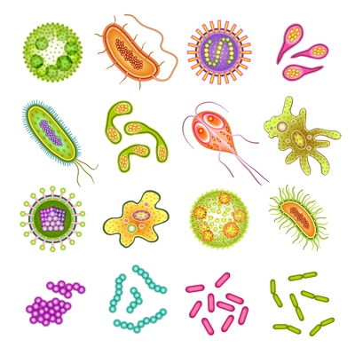 Bacteria virus and germs microorganism cells icons isolated vector illustration