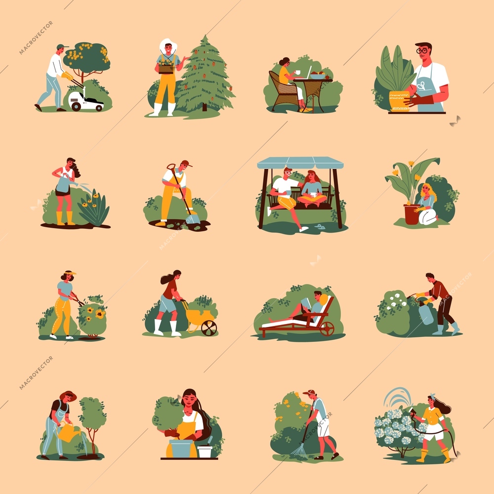 Gardening color set of isolated icons with characters of young people doing gardening works with equipment vector illustration