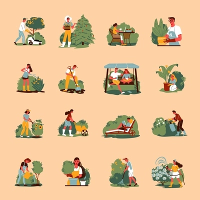 Gardening color set of isolated icons with characters of young people doing gardening works with equipment vector illustration