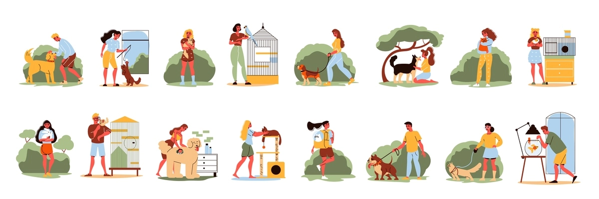 People pets set of isolated icons outdoor and indoor views and characters of masters with pets vector illustration