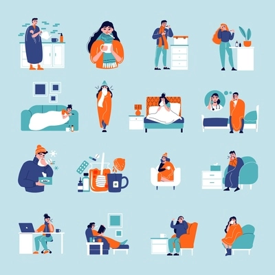 Set of isolated flu icons with medical products images warm clothes hot drinks and sick people vector illustration