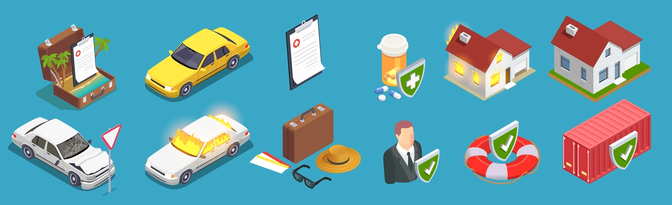 Insurance isometric icons set of private buildings cars health coverage during the trip isolated vector illustration