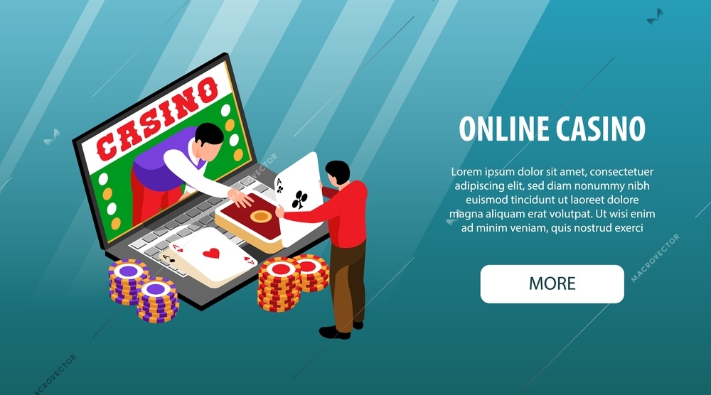 Isometric online casino horizontal banner with button text and laptop with gaming chips cards and people vector illustration