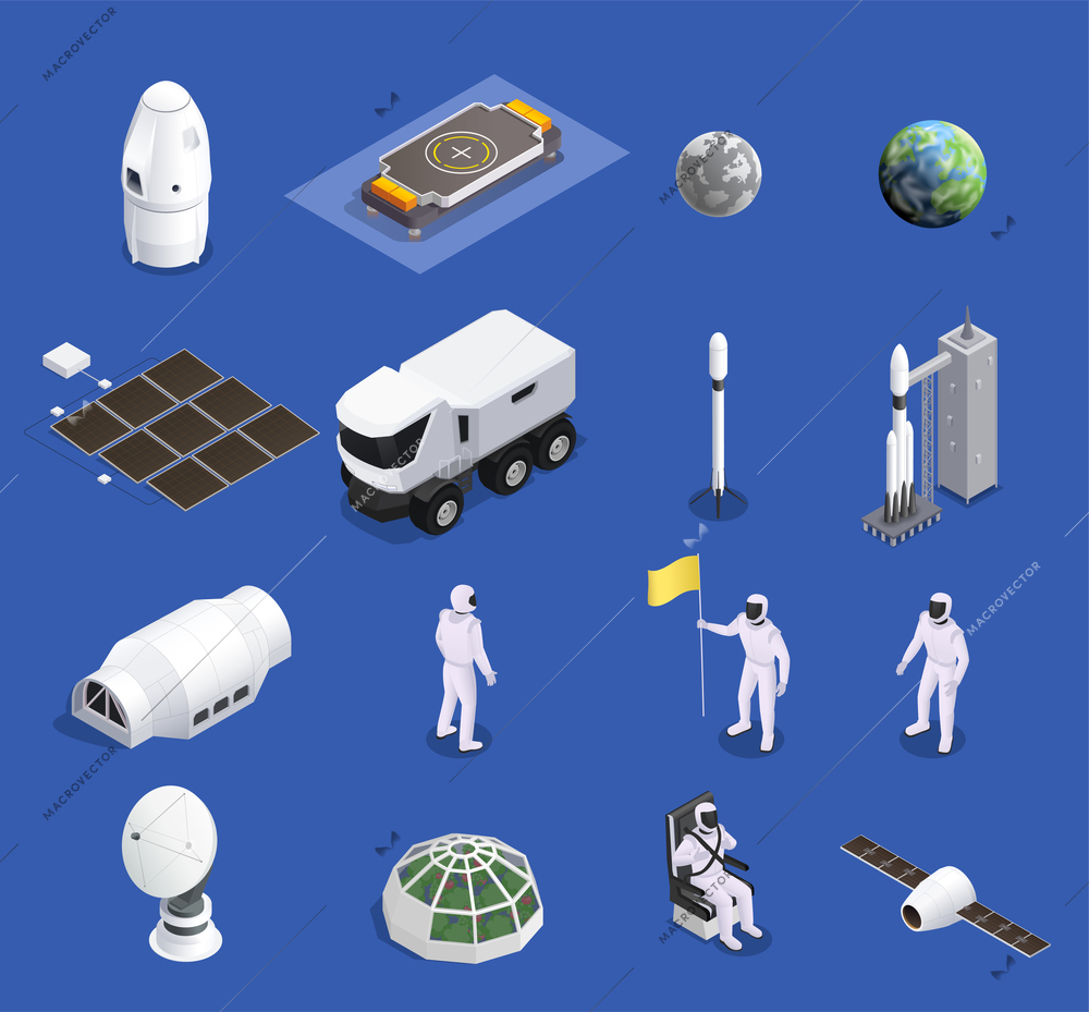 Modern space program isometric set of isolated spacecraft icons extraterrestrial base buildings and characters of astronauts vector illustration