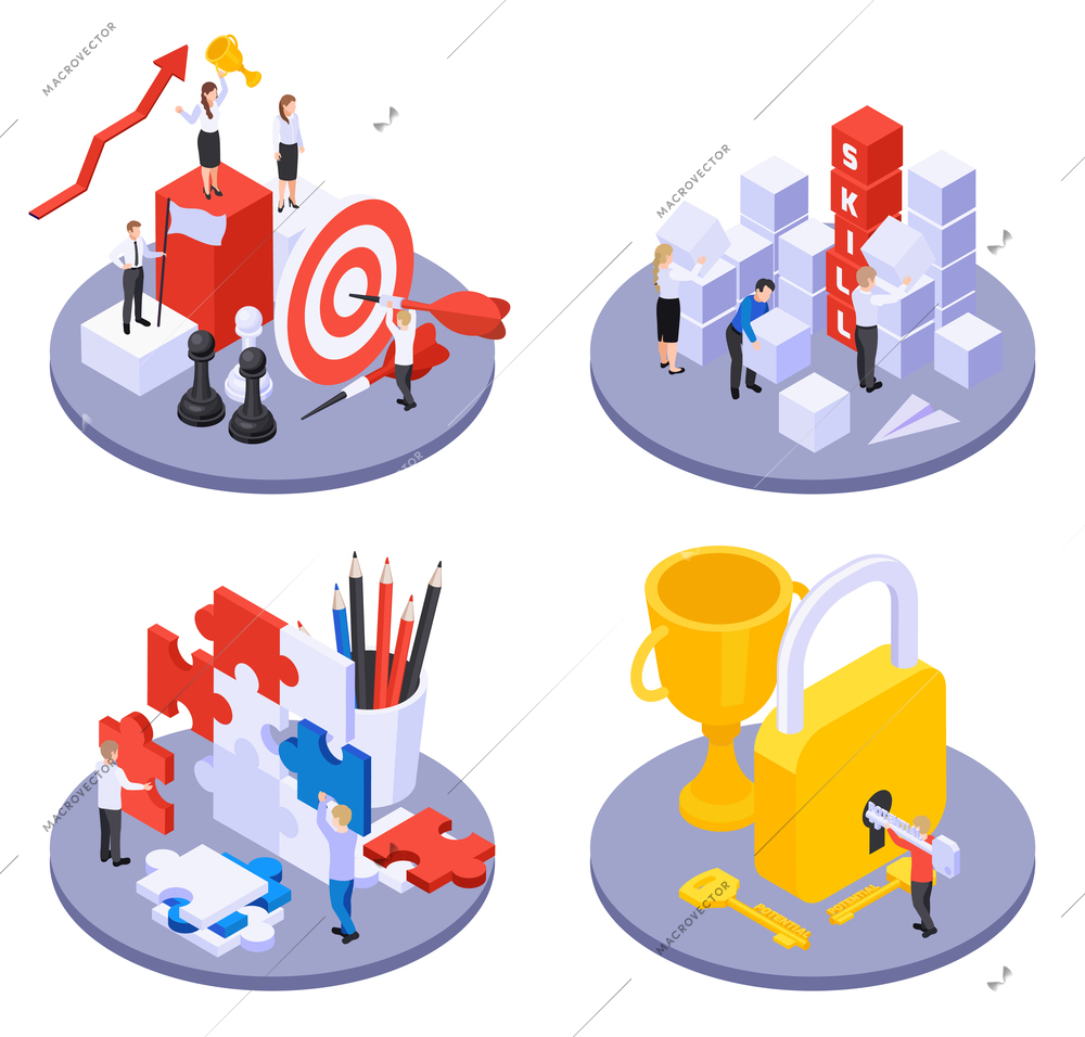 Personal growth self development concept 4 isometric compositions with success key hourglass target trophy symbols vector illustration