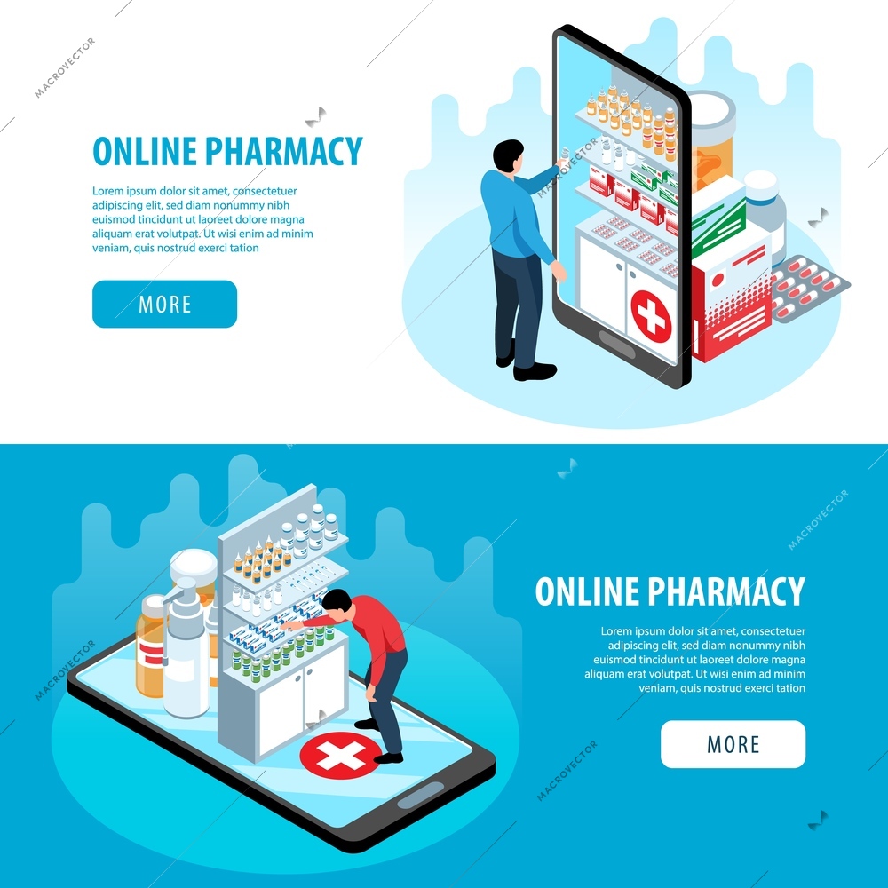 Isometric pharmacy set of horizontal banners with more buttons text and images of smartphones and meds vector illustration