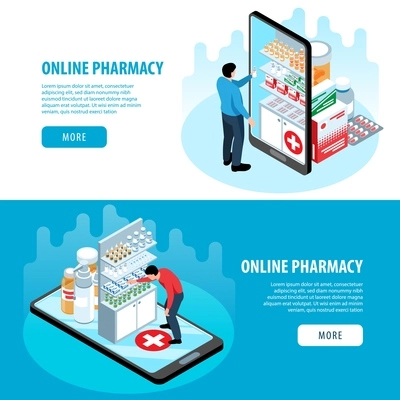 Isometric pharmacy set of horizontal banners with more buttons text and images of smartphones and meds vector illustration