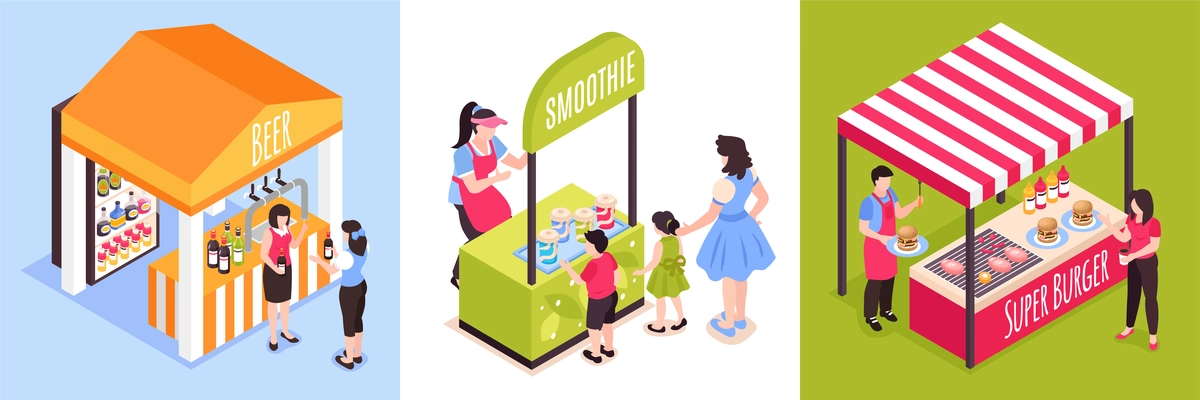 Isometric food courts fair design concept with compositions of market stall images seller and buyer characters vector illustration