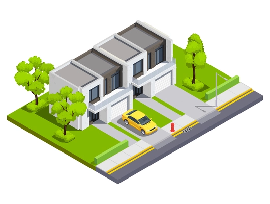Suburban buildings isometric vector illustration with private townhouse for two family with isolated inputs and car on house territory