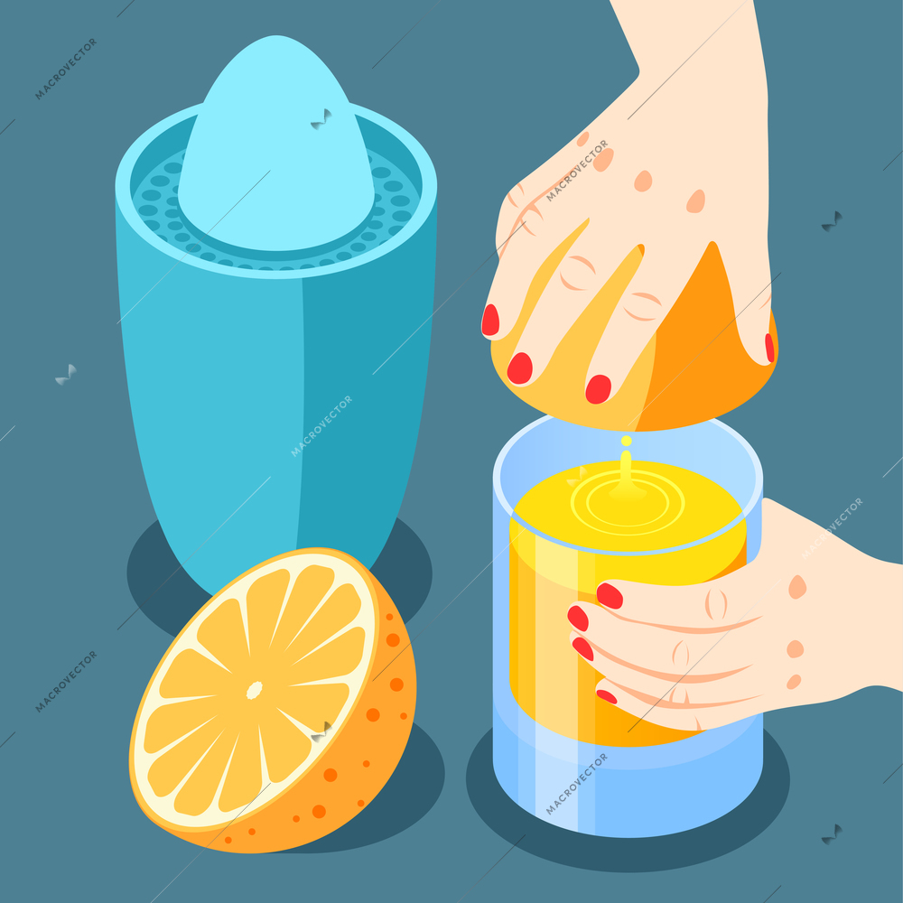 Strengthening immunity isometric and colored background with squeezing orange juice for drinking vector illustration