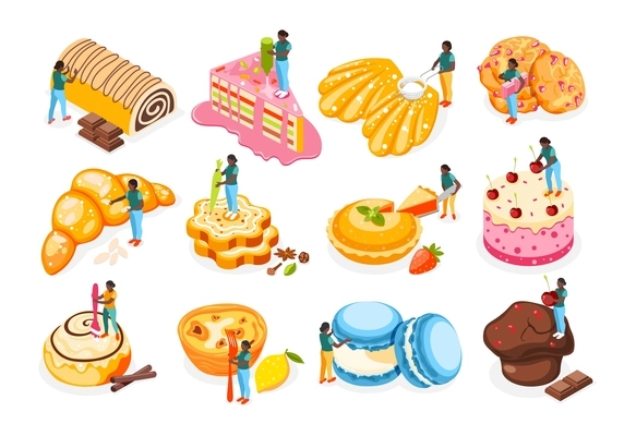 Bakery people isometric icons set with pastry and dessert symbols vector illustration