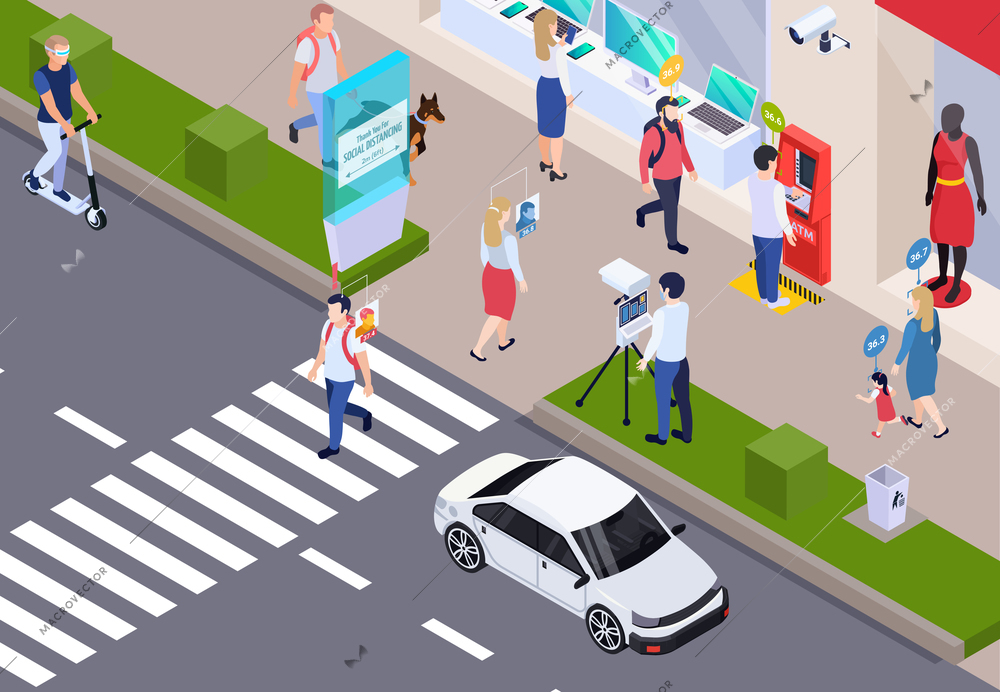 Medical testing passers by on city streets isometric background with staff measuring body temperature using contactless sensors vector illustration