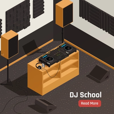 DJ school studio interior isometric composition with record cabinet turntables headphones mixer amplifiers acoustic equipment vector illustration