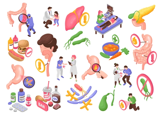 Gastroenterology 3d icons set with digestive organs banned food diet treatment characters of patients and doctors isometric isolated vector illustration