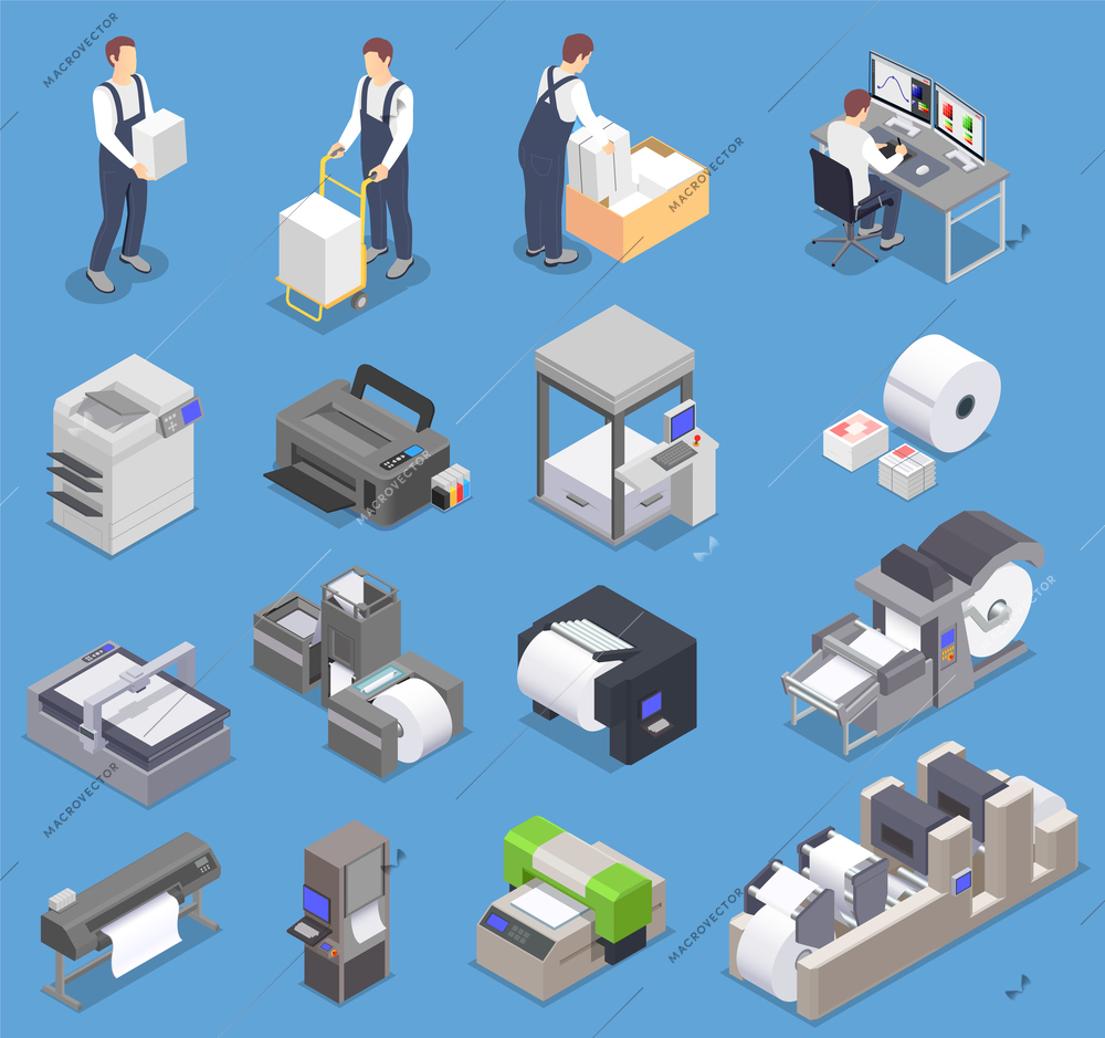 Printing house isometric set with isolated icons of printers for various formats paper sheets and workers vector illustration