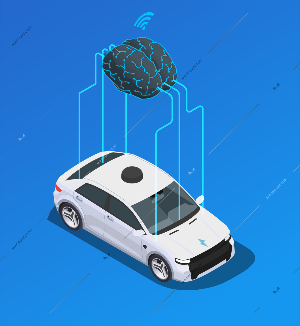 Artificial intelligence isometric composition with images of modern car wired to human brain with wireless sign vector illustration