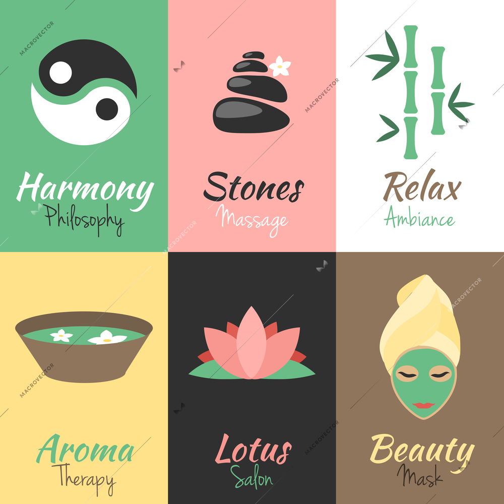 Spa salon harmony philosophy stones massage relax ambiance mini posters set isolated vector illustration